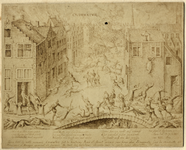 220903 Afbeelding van een straat met bebouwing te Oudewater; met Spaanse troepen, bezig met het uitmoorden van de ...